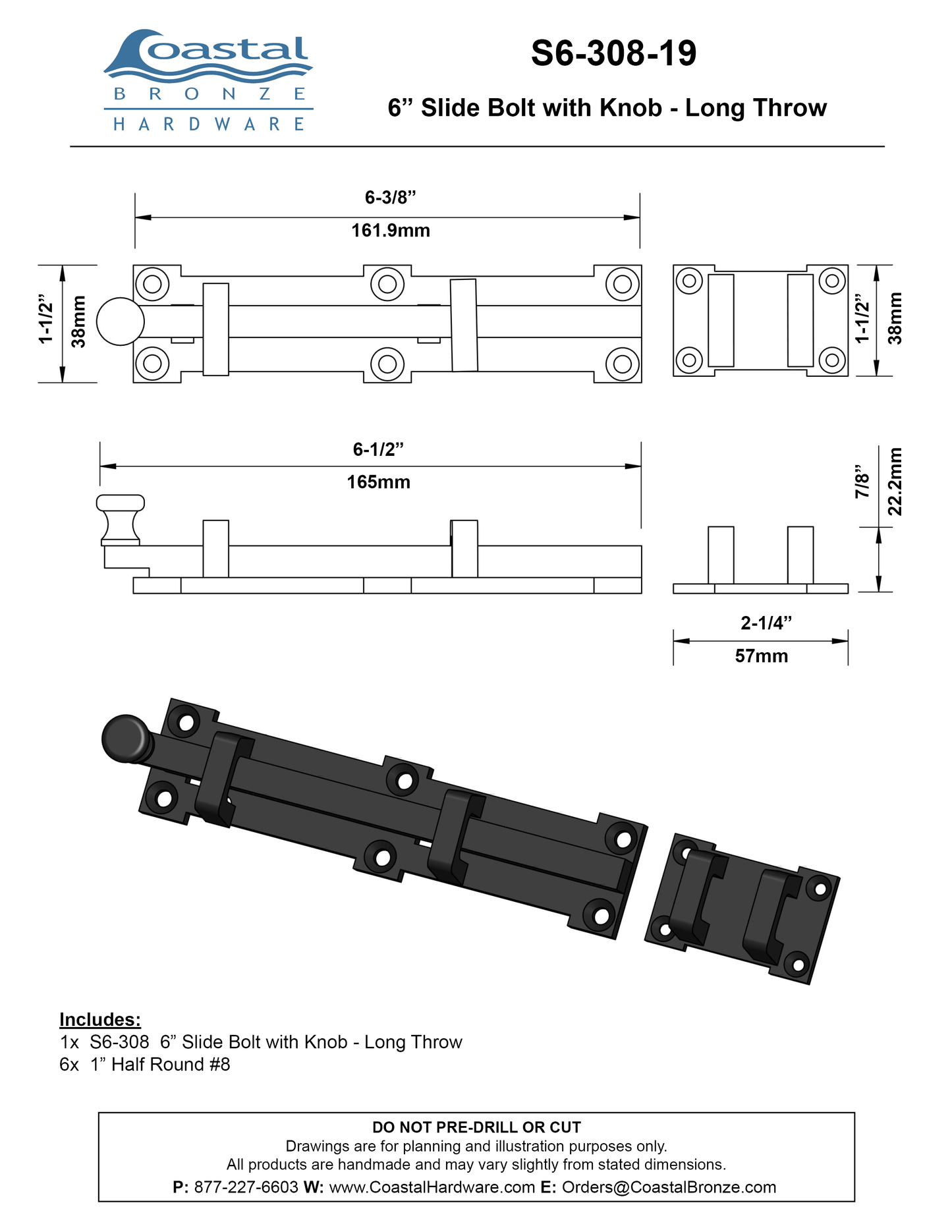 Brass 6" Slide Bolt with Knob - Long Throw