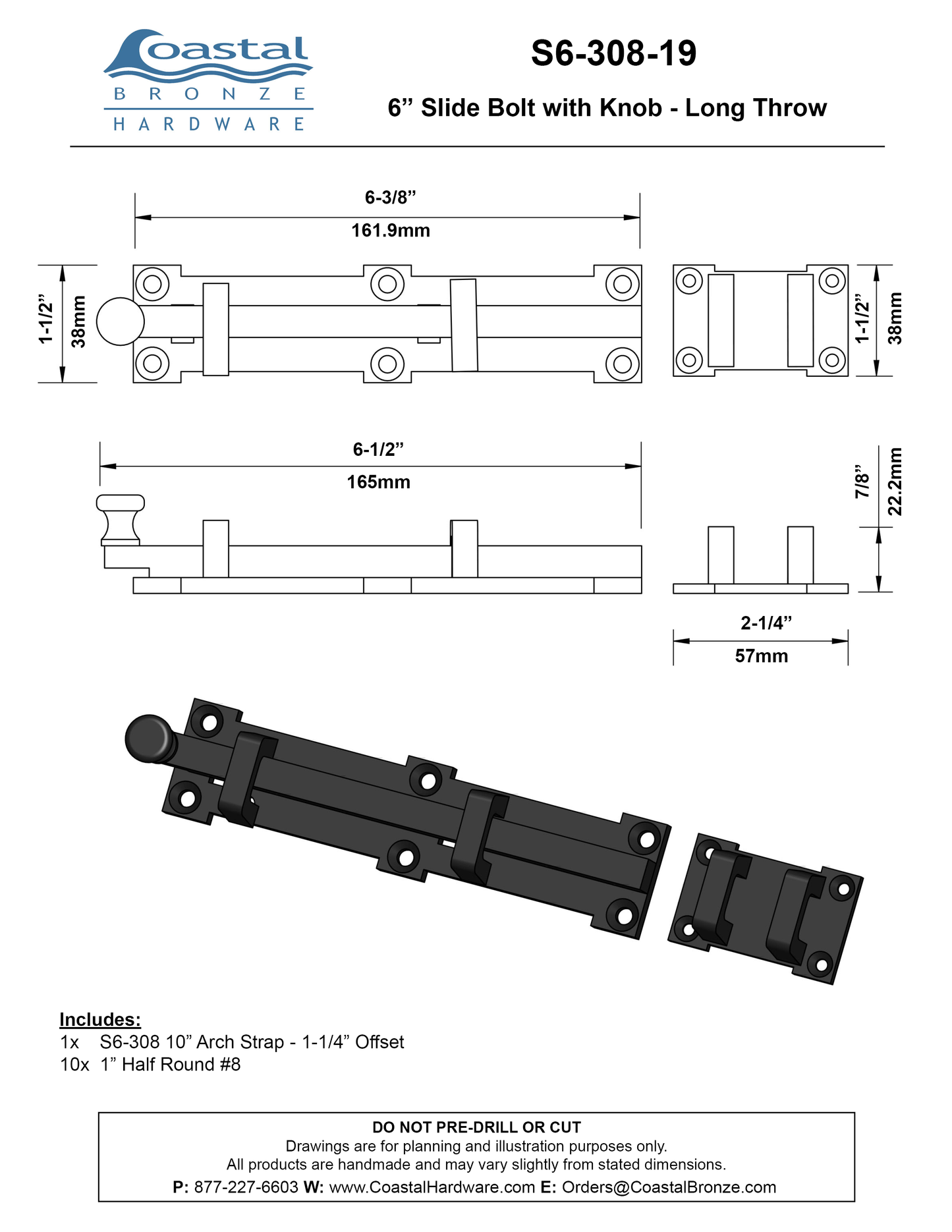 Brass 6" Slide Bolt with Knob - Long Throw