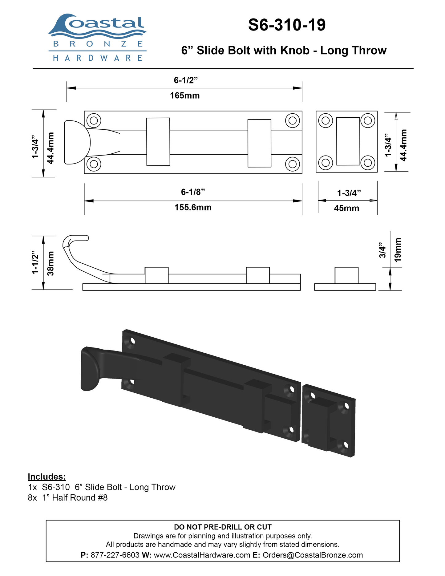 Brass 6" Slide Bolt - Long Throw