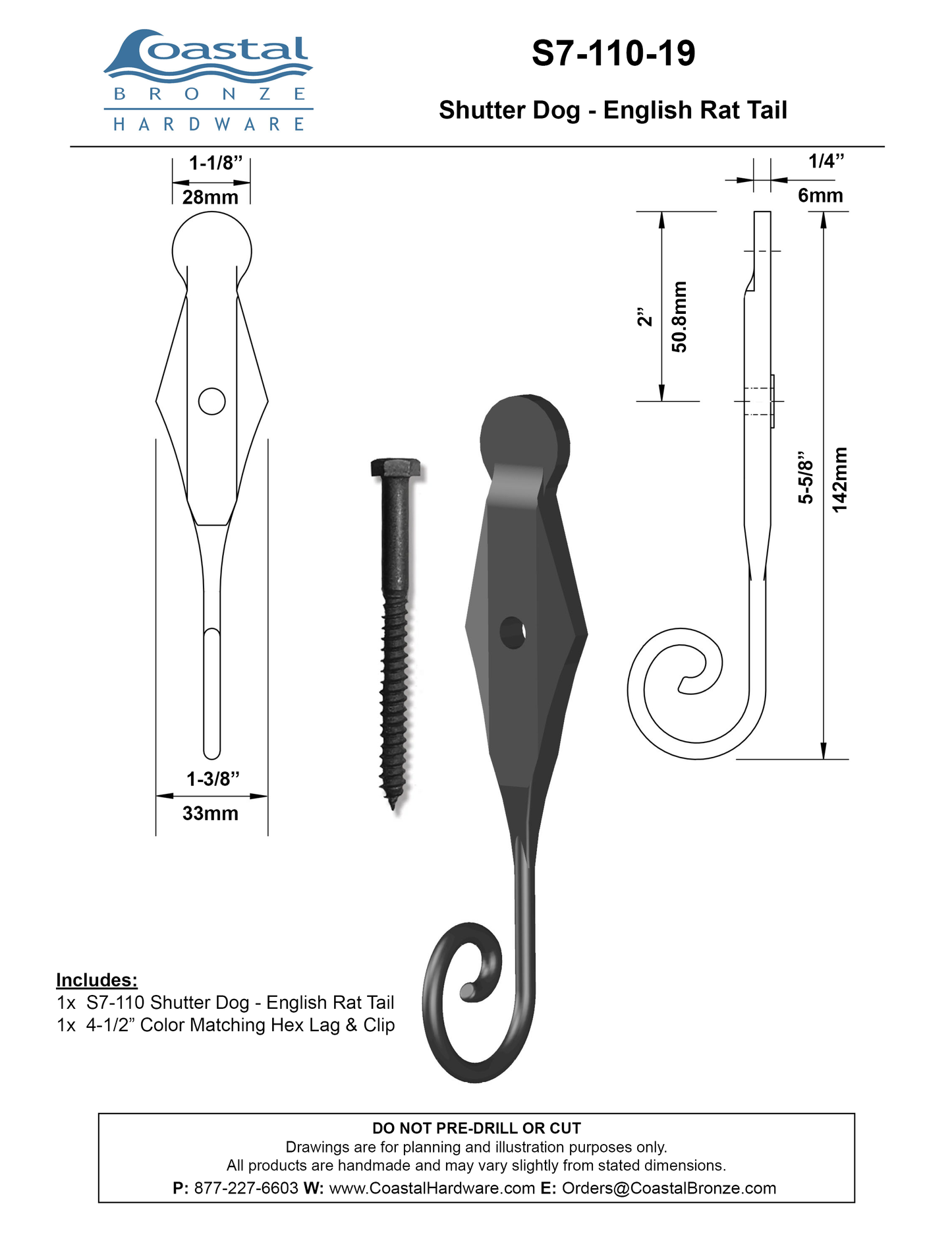 Brass Shutter Dog - English Rat Tail