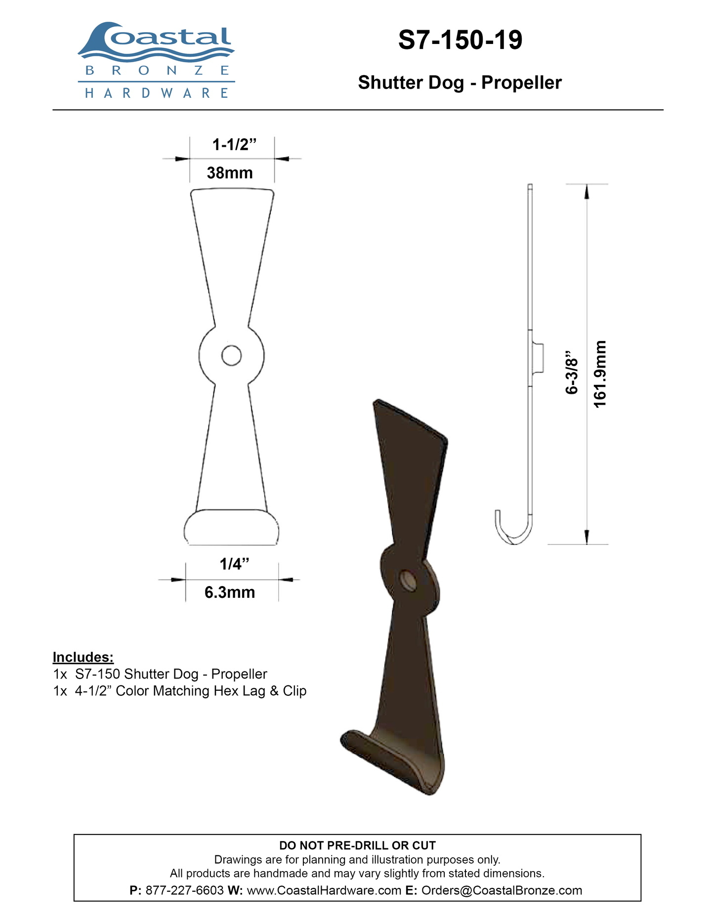 Brass Shutter Dog - Georgian