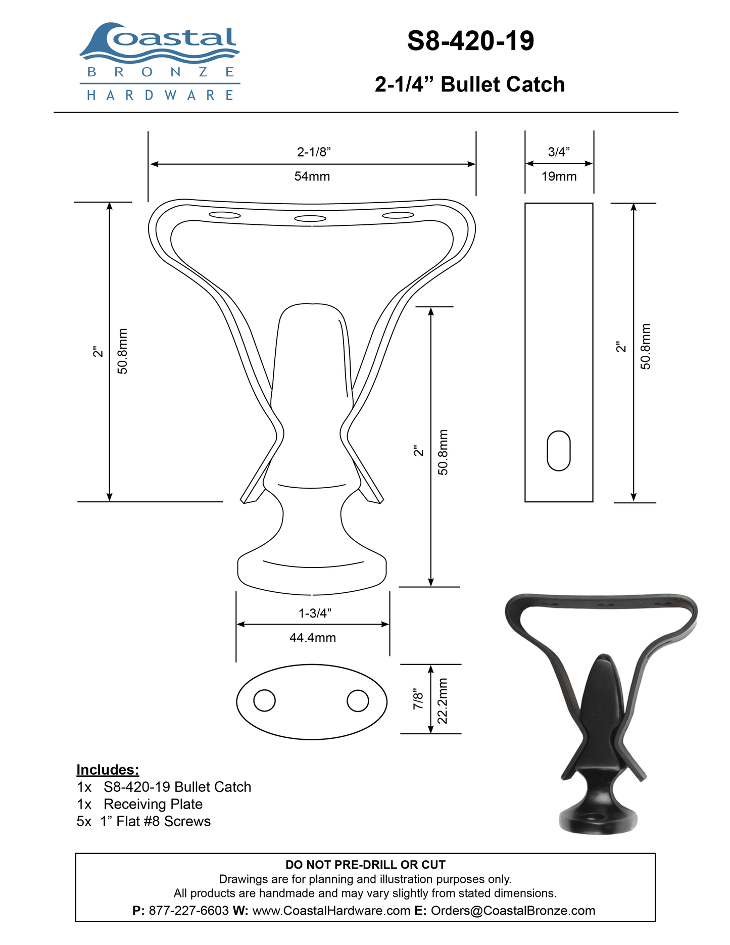 Brass Bullet Catch - 2-3/4"